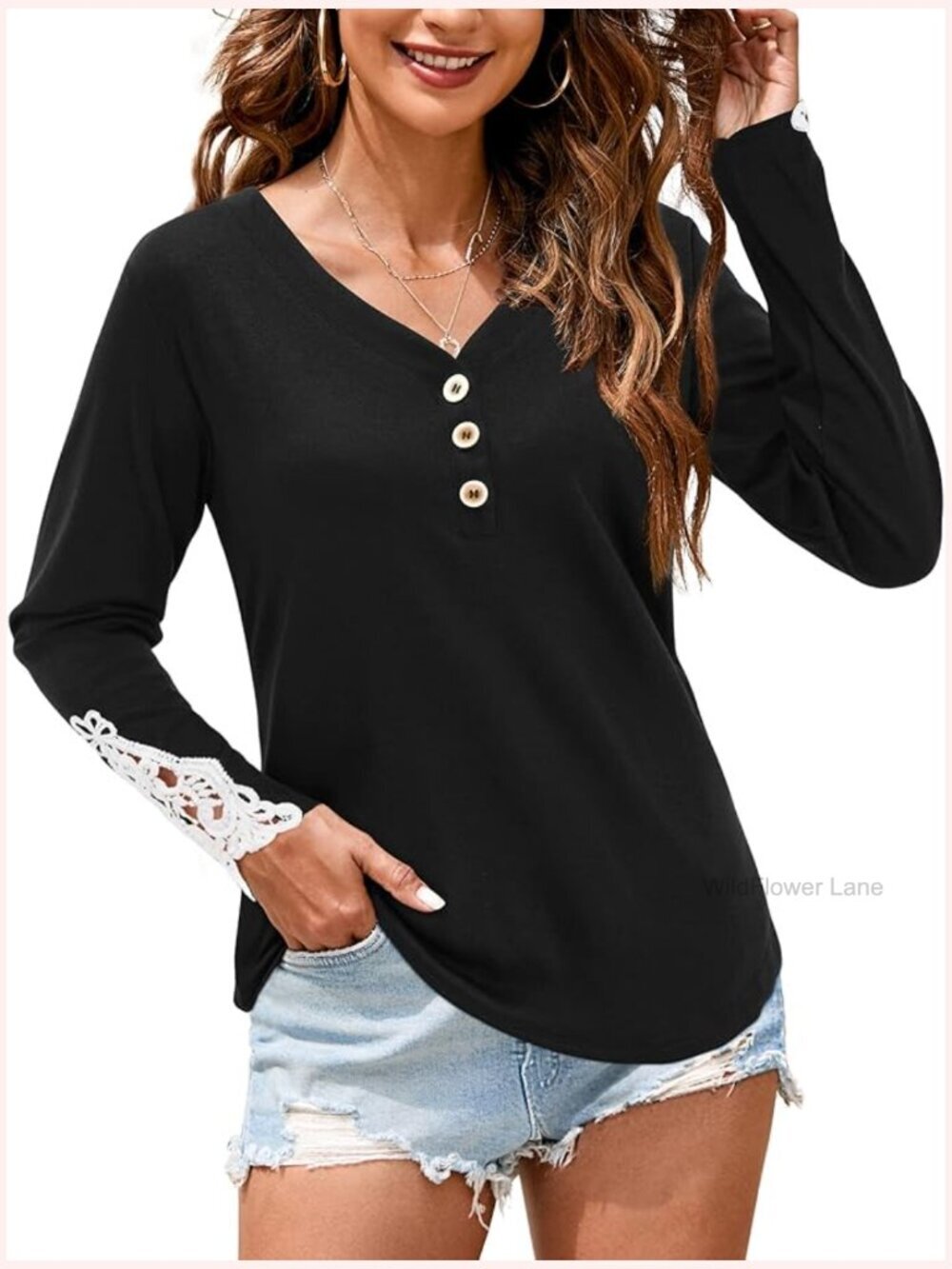 Long Sleeve Lace Henley Shirt Tunic Blouse
